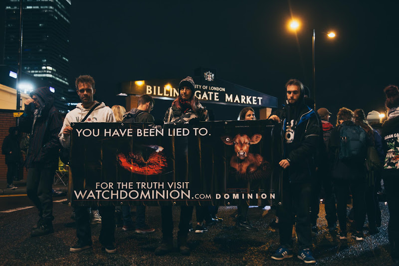 Activists Hold ‘Dominion’ Sign At Fish Market Protest