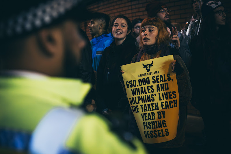 Activist Holds Protest Sign At Fish Market Protest