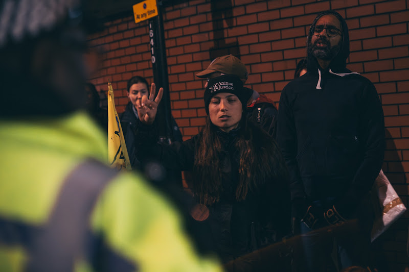 Activist Holds Up Peace Sign To Police At Fish Market Protest