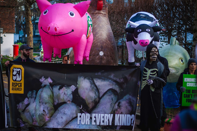 Protestors wearing costumes and holding banner